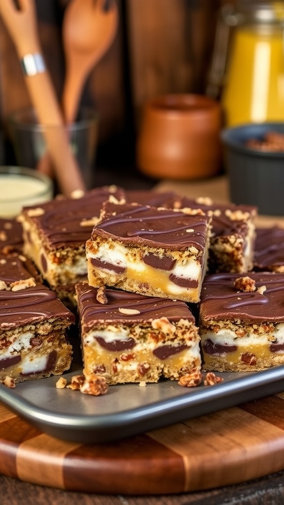 A colorful platter of 9-layer cookie bars with chocolate, butterscotch, coconut, and nuts, cut into squares, on a rustic kitchen table.